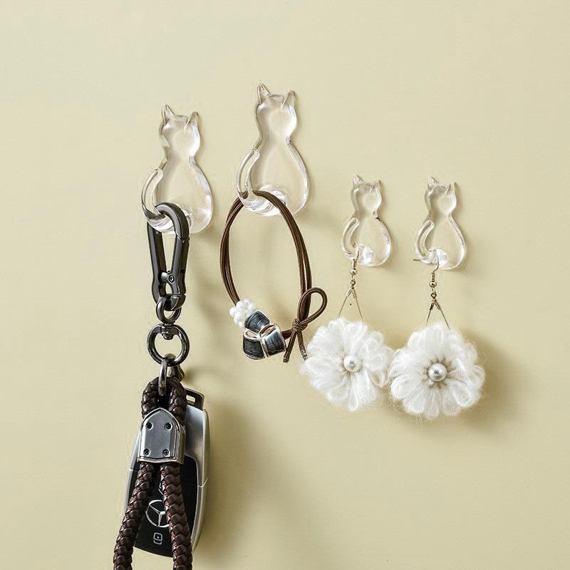 Set of 3 Adorable Clear Cat Hooks, No-Drill Wall Decor Hanger, Transparent Plastic Organizer Hook for Towels, Keys, Bags, Storage in ' Bathroom, Bedroom, And Kitchen, Utility Hooks