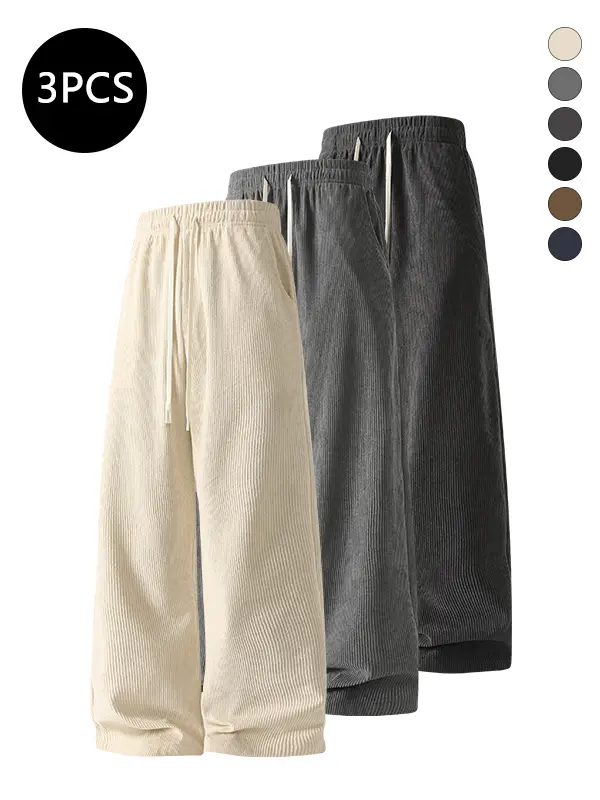 Men’s 3-pack corduroy straight-leg pants for autumn/winter, trendy and versatile casual loose fit, wrinkle-resistant with a fluid drape