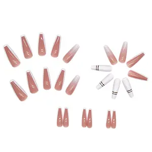24 pcs Glossy Long Coffin Press On Nails - Ballerina French Tip Acrylic Nails with Pink Gradient Design - Easy to Apply and Remove - Perfect for Special Occasions and Everyday Wear European Glitter Diamond Fake Nails
