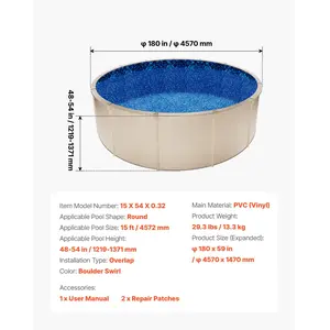 VEVOR 15ft Pool Liner, Round Overlap Swimming Pool Liner for 54 in Wall Height, Premium Vinyl, Easy Install with Leak-Proof Patches, Designed for Steel Sided Above-Ground, Outdoor, Boulder Swirl