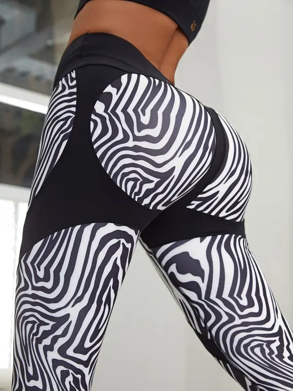 Women's Zebra Pattern Leggings with Scrunch Bum Detail, High-Waist Polyester Spandex with Push-Up Design, Print, Stretchy, Activewear, Sporty Chic, All Over Print, Snug Fit, forbidden leggings