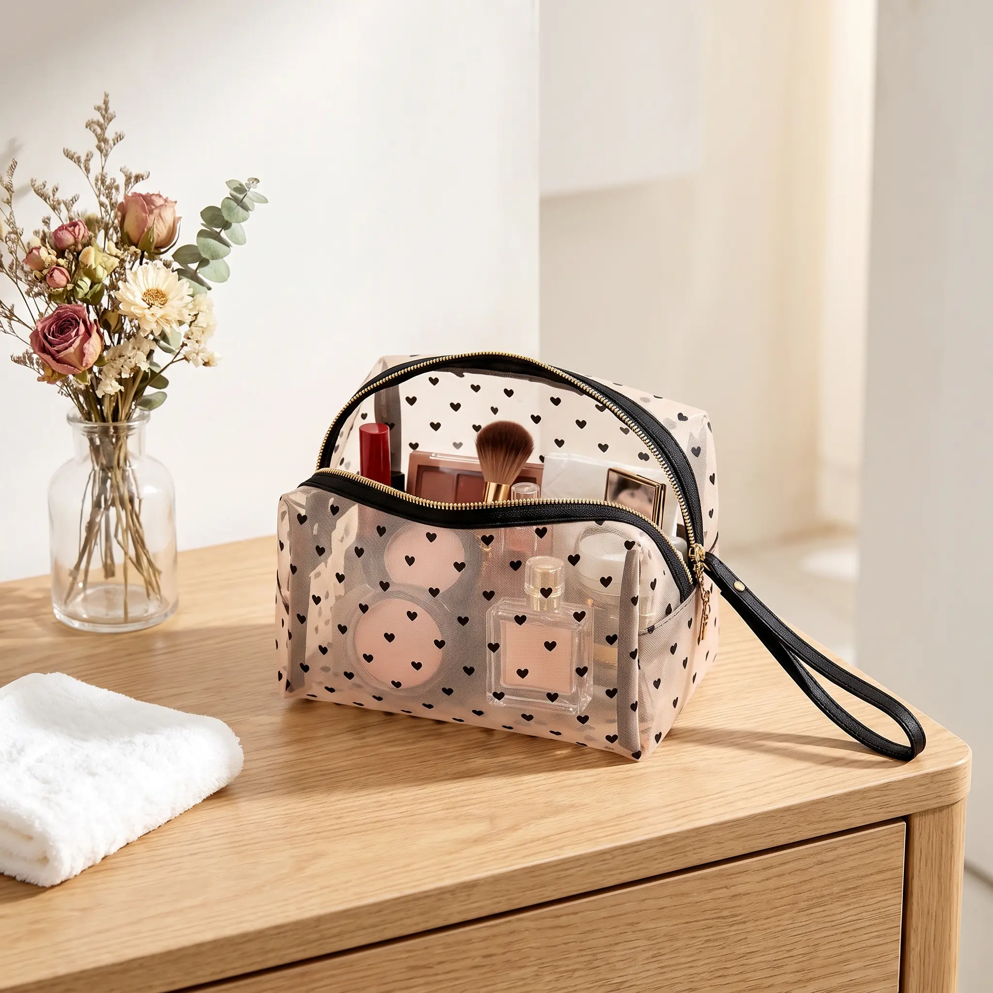 Heart Pattern Mesh Cosmetic Bag, Transparent Textured Zippered Pouch - Multi-Size Organizer for Travel and Home Use, Mesh Fabric, Transparent Look, Travel/Office
