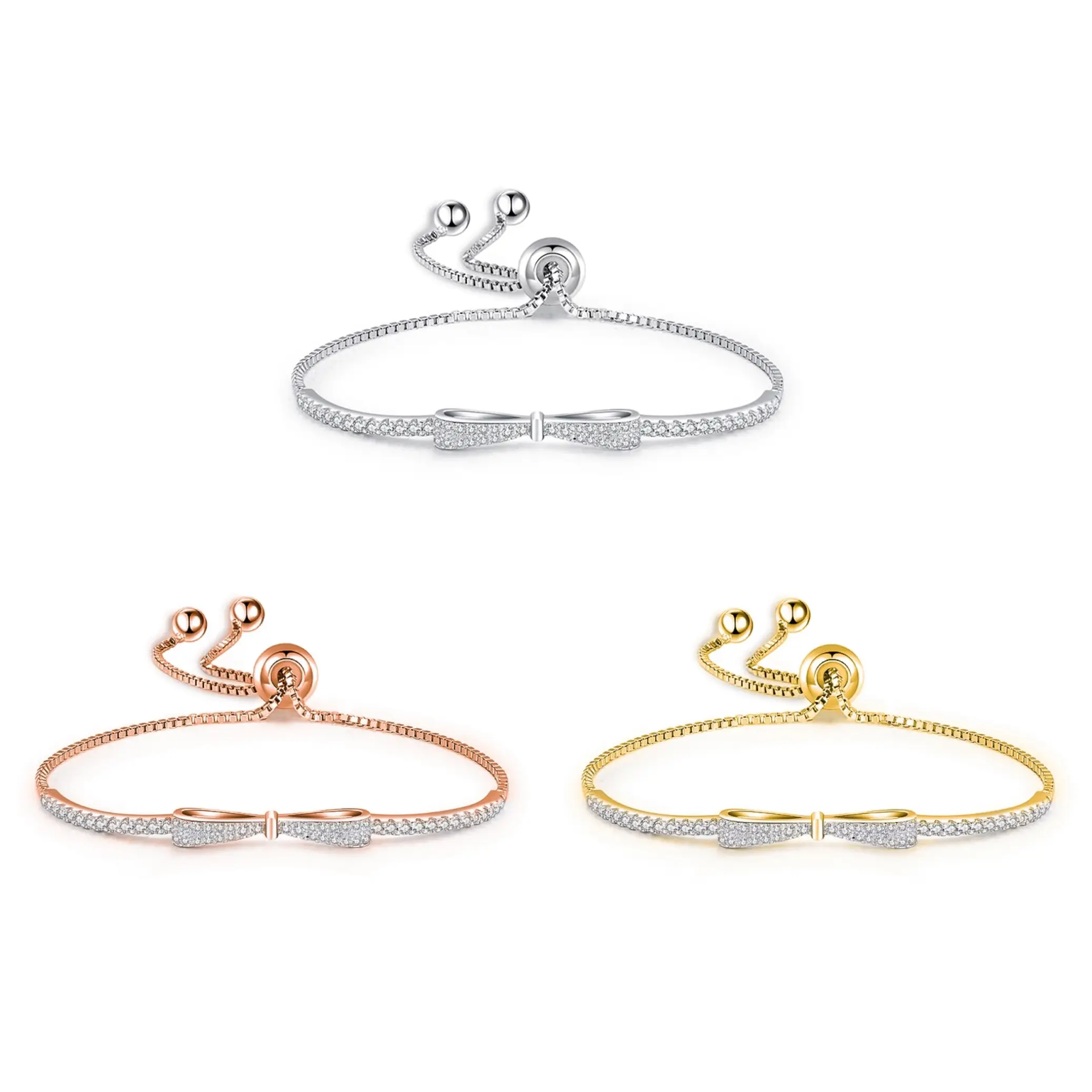 AELNEN 925 Sterling Silver Sparkling Zirconia Bowknot Bracelet with Adjustable Chain for Women - Luxury Fashion Jewelry