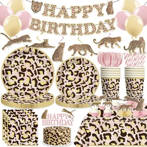 Cheetah Birthday Decorations, Leopard Party Animal Theme Tableware Cheetah Print Banner, Balloons, Cake Toppers, Pink and Cheetah Party Plates and Napkins Set with 2Pcs Tablecloth for Birthday