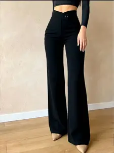 A fashionable black cross waisted wide leg pants for women's commuting Office Wear, with a high waisted drape and straight leg mopping suit pants, suitable for commuting and versatile in temperament