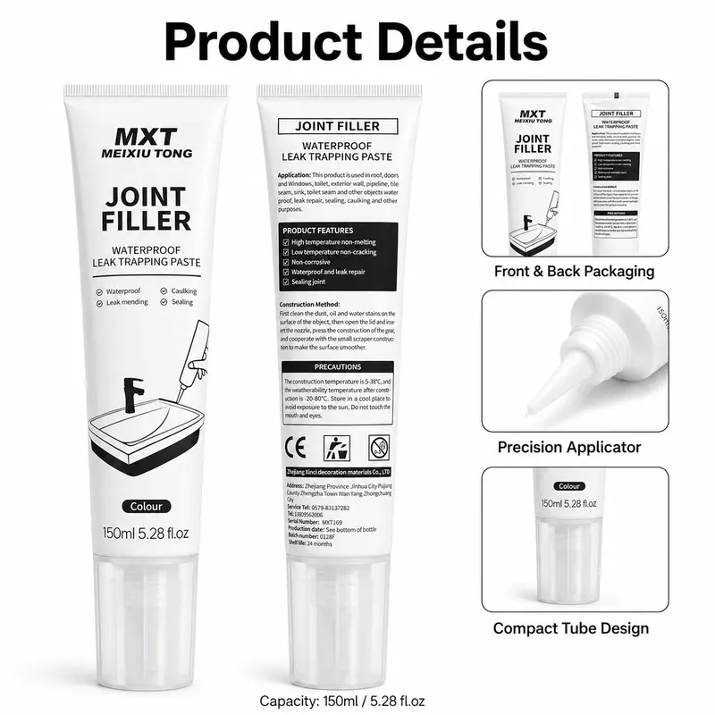 Waterproof Caulk Tape+Scraper Kit, 150ml Interior Joint Filler Sealant for Bathroom-Kitchen Tile Joints & Edges, DIY User Tool Set with Masking Tape, Smoothing Scraper for Scraping to Smooth & Sealing Gaps
