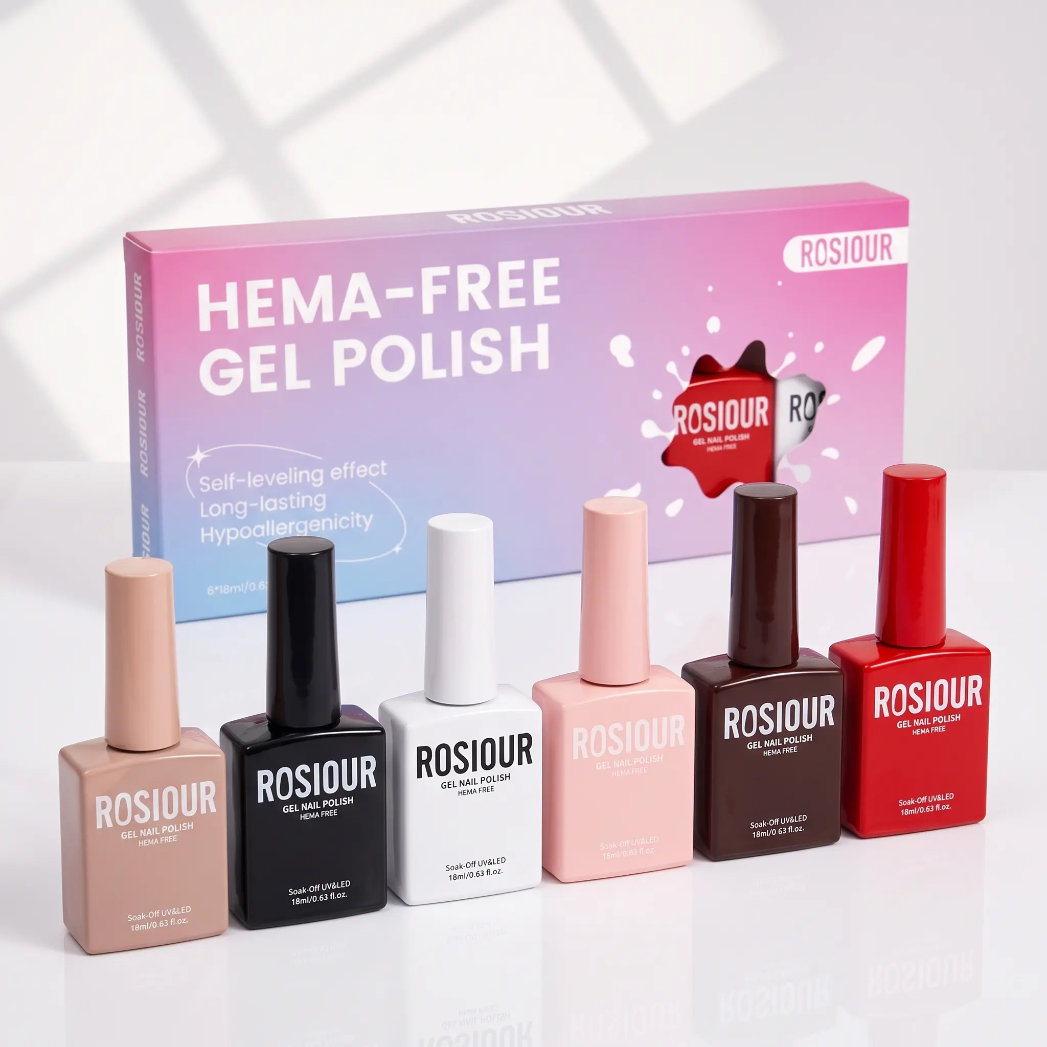 ROSIOUR 6pc Multi-Pack Gel Nail Polish Set - 18ml Each, HEMA-Free, TPO-Free, Classic Colors - Cosmetic for Nail Care, Salon & Home Use