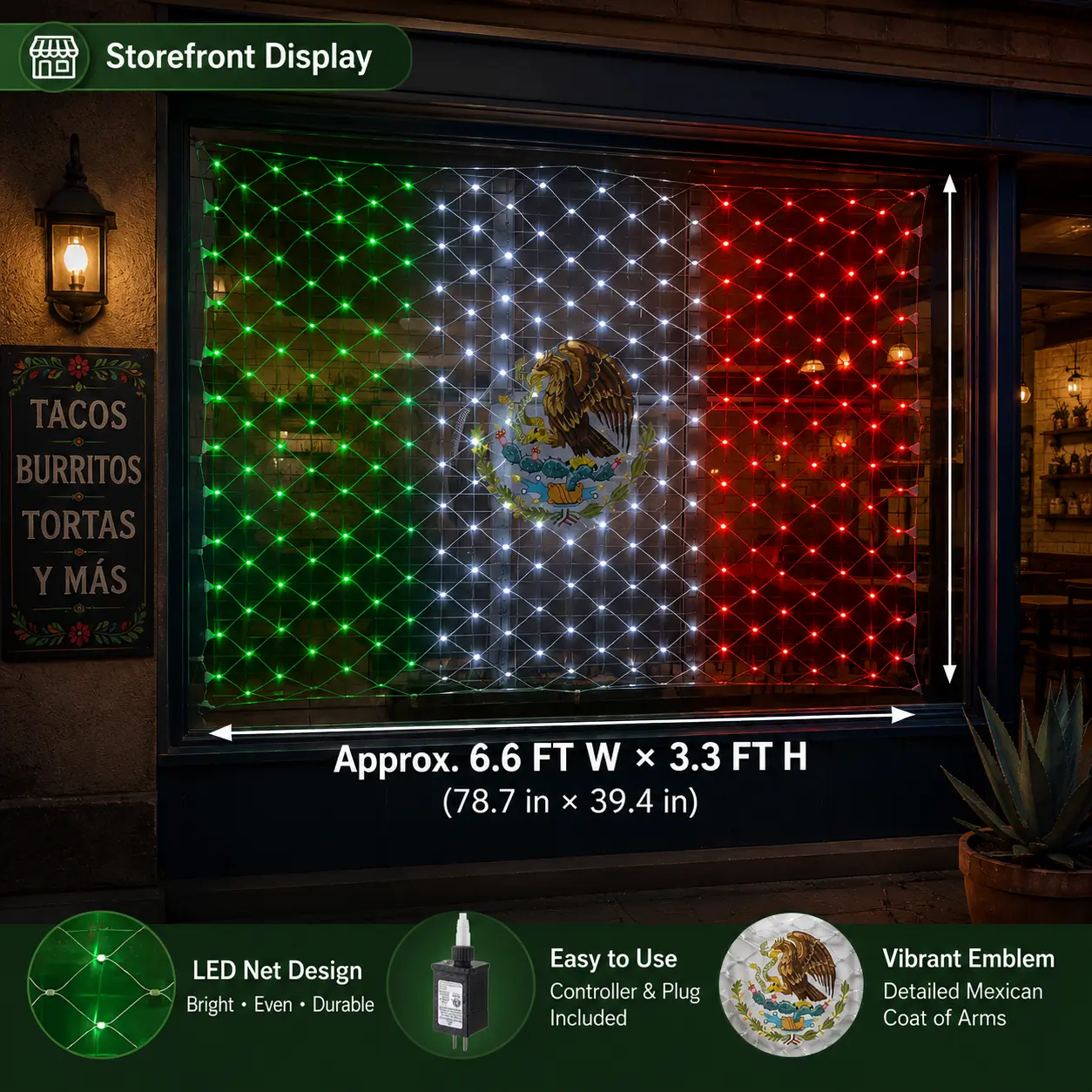 Mexican Tricolor LED Net Light (with Eagle Emblem), 6.6 × 3.3 ft; features adjustable brightness and multiple lighting modes; suitable for indoor/outdoor wall surfaces and party decorations; includes controller with US-standard plug.