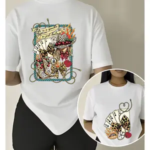 Country Western Cotton Tee Life Is A Gamble Leopard Poker Cowgirl Front Back Graphic Womens Casual Loose Fit Trendy Fashion Shirt For Rodeo Fans