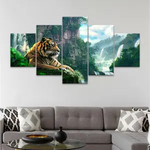 Tiger Pattern Decorative Wall Art Print, 5 Counts Unframed Canvas Posters, Fashion Home Poster, Perfect Living Room Decor, Bedroom, Office, Corridor, Home Decoration, Tiger Printed