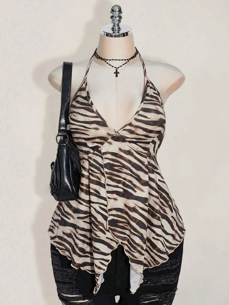 KLEYA Plus Size Sexy Y2K Backless Zebra Print Summer Top Vacation Festivals Leopard Print Date Night Rave Beige Top for Women