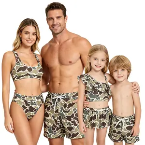 Retro Duck Camo 4-Piece Matching Family Swimwear Set - Women's, Men's, Kids' Sleeveless Stretchy Comfortable Adjustable Bikinis with Drawstring for Beach Use (Mom, Dad, Daughter, Son Inclusions)