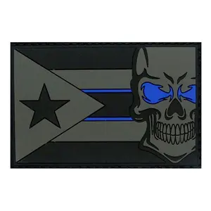 Puerto Rico Flag Skull Thin Blue Line Patch [3.0 X 2.0 -PVC Rubber -Hook Fastener -PF7]