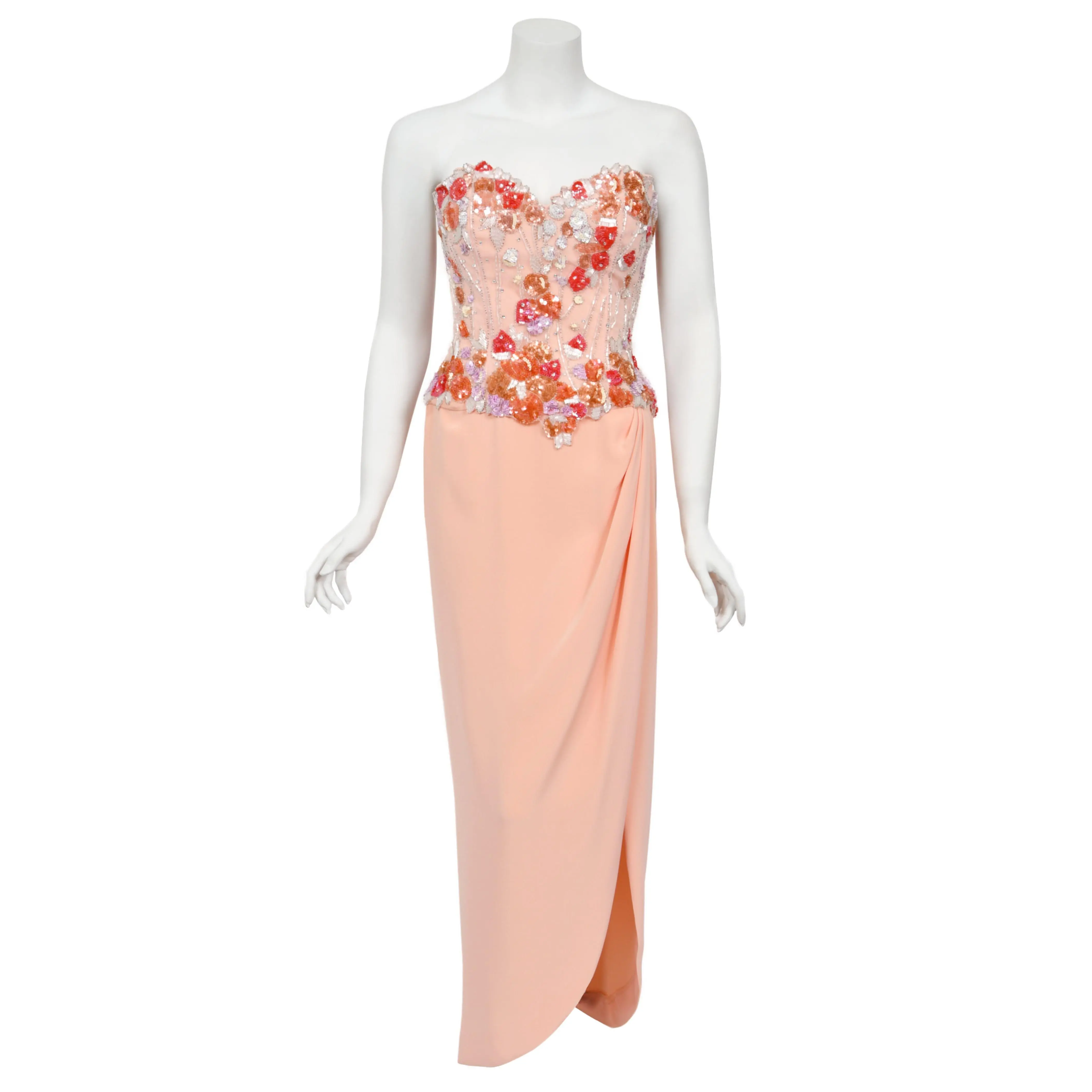 1990's Bob Mackie Pale Pink Heavily-Beaded Silk Strapless Bustier Hourglass Gown