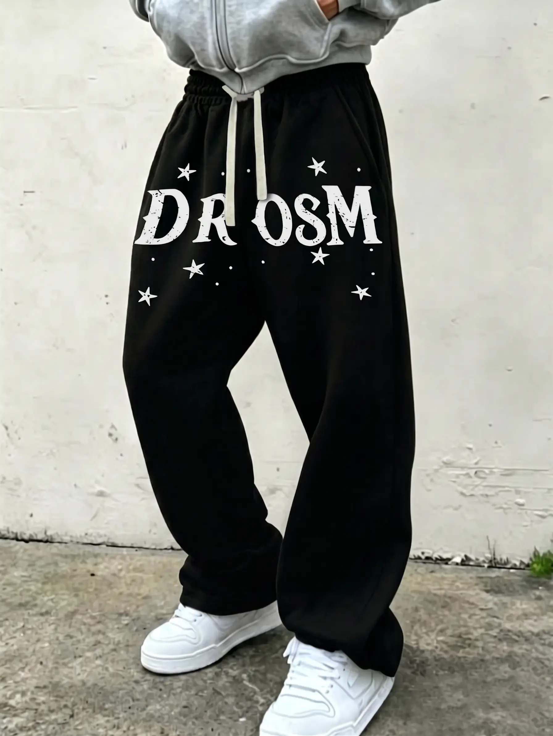 Men's Gothic Basic Wide-Leg Loose Pants - Vintage Star Graphic Sweatpants, Menswear Oversized Baggy Flare Style, Elastic Drawstring Waist, Smooth Drape Fabric, Decorated Plain Design, Pockets, Sneaker-Compatible, for Urban Casual Outdoor Use