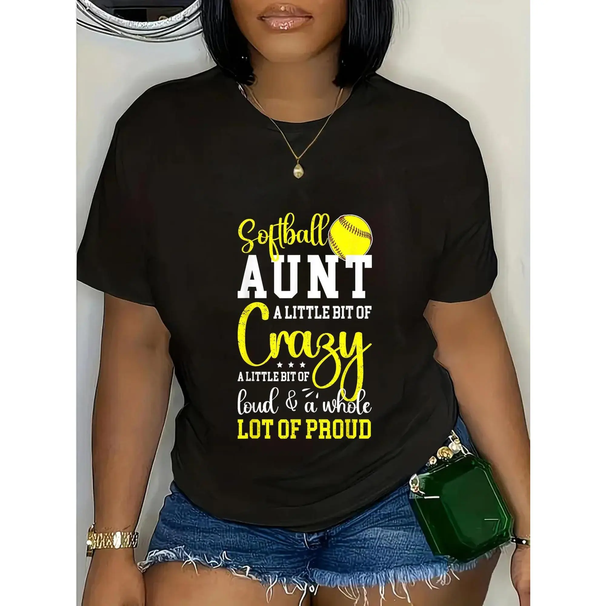 Women's 180g Softball Aunt Graphic T-Shirt - "Proud Aunt of a Softball Player" Bold Lettering & Yellow Softball Design, 100% Cotton Casual Round Neck Tee, Machine Washable Sports Mom Gift for Games & Family Events, Game Day Attire | Sporty Design | Cotto