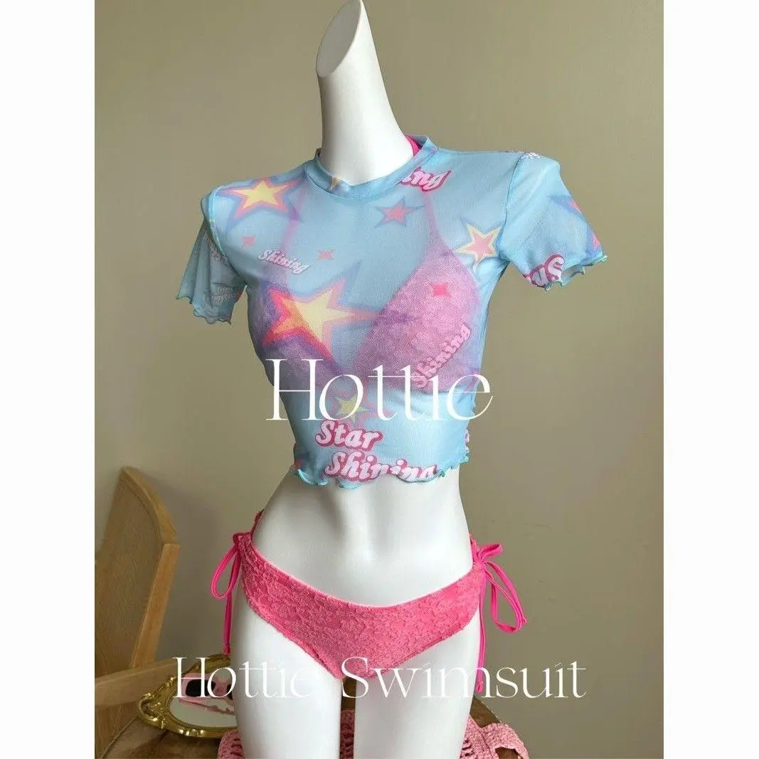 Women 3‑Piece Y2K Barbie‑Inspired Bikini Set, Star Print Mesh Cover‑Up Top Lace Side‑Tie Swimsuit for Beach Pool Vacation