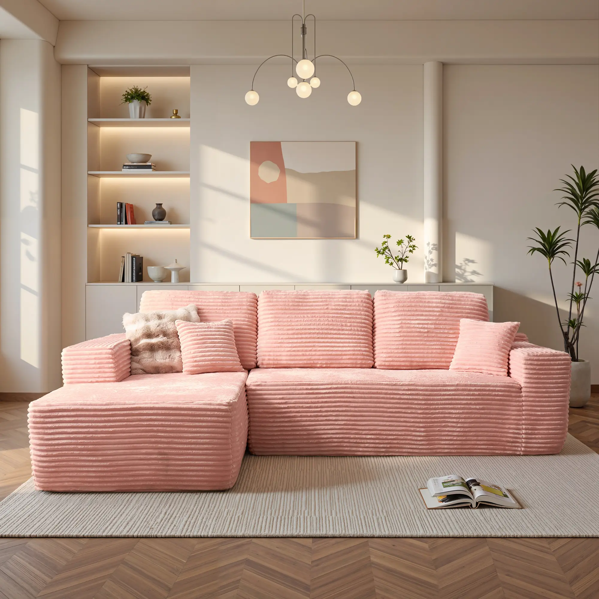 Pink Plush Corduroy Left Chaise| L-Shaped Sofa