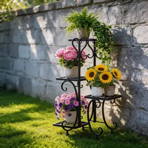 4-Tier Corner Plant Stand, Tall Metal Flower Pot Shelf Holder for Indoor & Outdoor Use - Space Saving Vertical Garden Rack for Living Room, Balcony, Patio, or Garden (Holds 4 Pots, Black/White/Gold)
