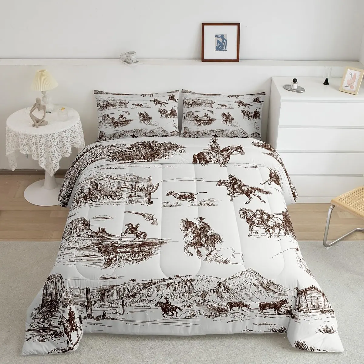 Feelyou Twin Size Brown Rustic Western Cowboy Print Duvet Bed Set - Soft, Breathable Flat Weave Microfibre Bedding, Multi-Size Option, All Seasons, Machine Washable Vintage Farmhouse Bedroom Bedding