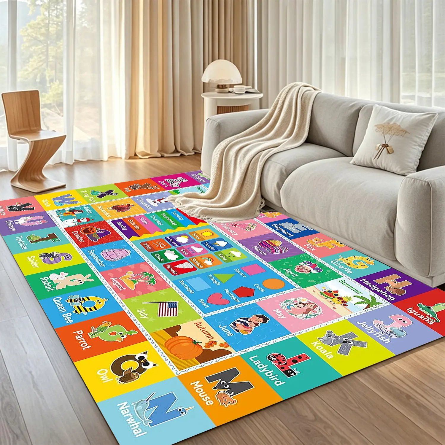 Kids Educational Animal Letters Rug - Colorful Designs Play Mat with ABCs, Months, Seasons, Shapes, Weather, for Classroom/Bedroom Nursery Household Floor Carpet (Playful Theme)