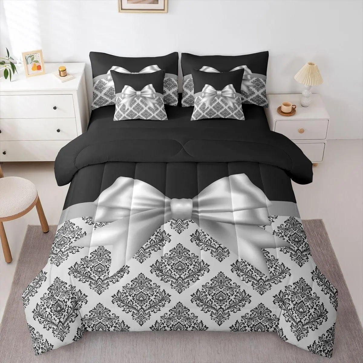 Silver Bowknot 7 Piece Bedding Set Jacquard Damask Comforter Set with Sheets Cute Bowknot Bed in a Bag Black Silver Bed Set Soft Lightweight