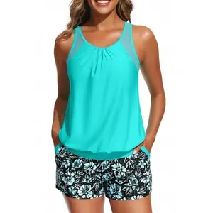 Women Blouson Tankini Swimsuit with Shorts - Two Piece Tummy Control Bathing Suit Modest Mesh Racerback Top with Pockets  SwimWeek  summervibes