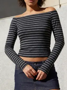 1-Piece Women's Casual Striped Boat Neck Top, Black Gray Horizontal Stripe Slim Fit Long Sleeve Top for Daily Outings and Layering