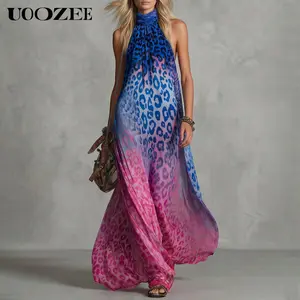 Uoozee Women's Ombre Leopard Print Halter Maxi Dress, 100% Polyester Sleeveless Flowy Gown, Loose Fit Vacation Beach Dress, Tall Length, Petite Note