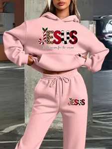 Hooded Knit Sweatshirt Set for Fall & Winter, Jesus Print with Christmas Elements, Sweet Casual Style, Comfortable Daily Wear