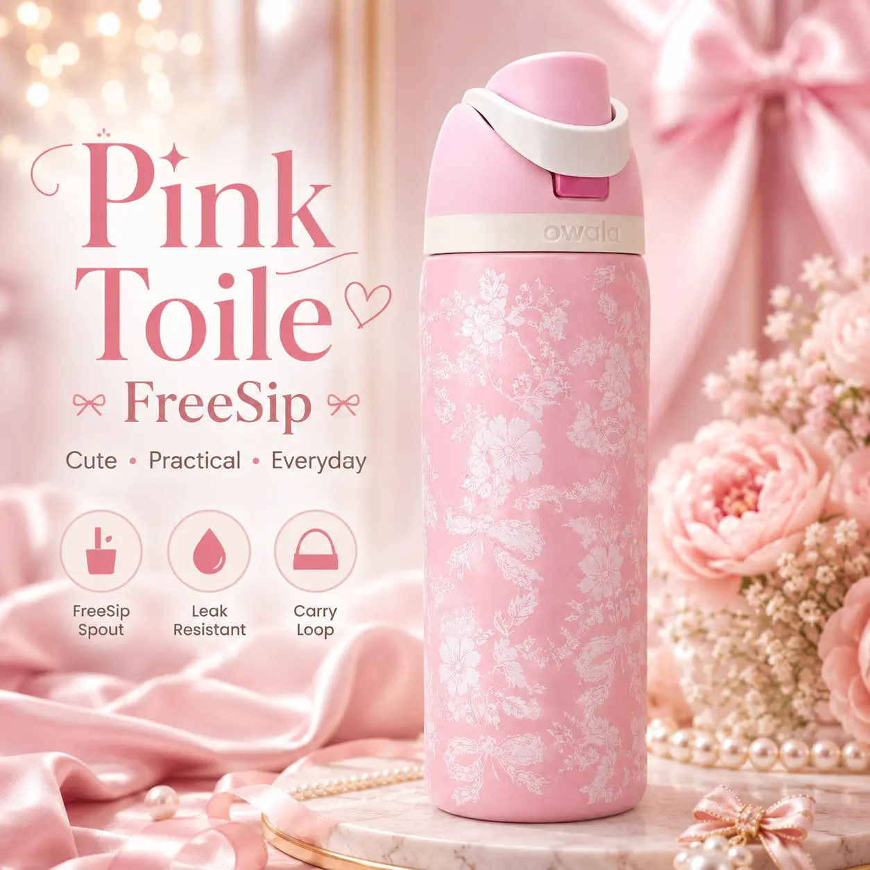 Owala FreeSip Pink Toile Insulated Water Bottle with Built-In Straw and Carry Loop