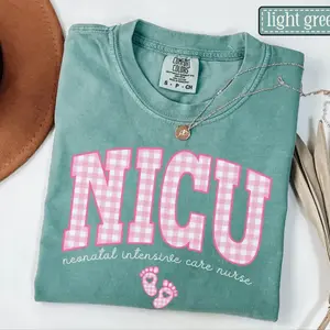 NICU Comfort Colors Shirt • Neonatal ICU Nurse Pink Gingham Work Tshirt • NICU Nurse Gift • Neonatologist Tee • Neonatal Intensive Care Unit