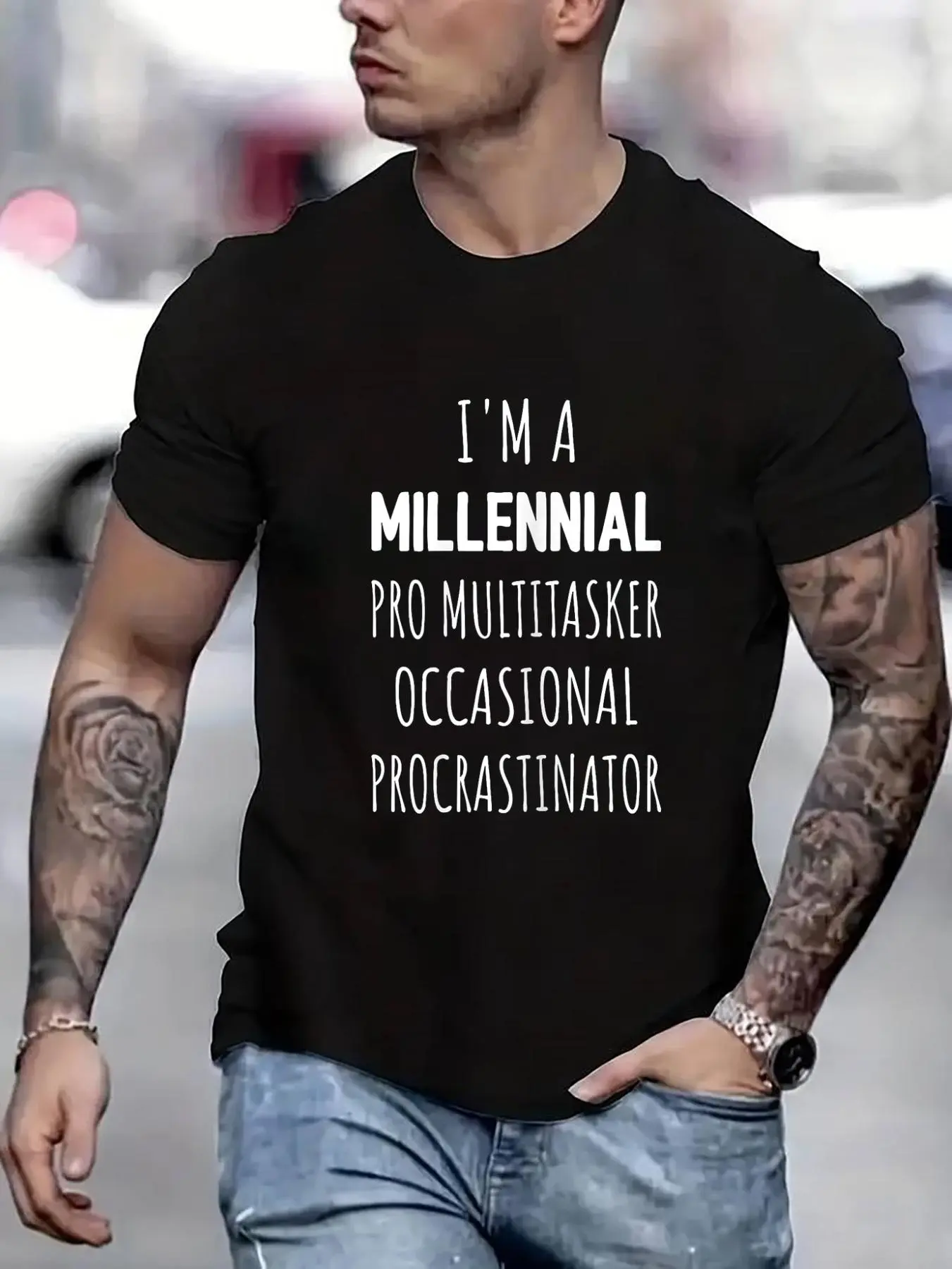 100% cotton I'm A Millennial Procrastinator Meme Funny Men Printed T-shirt, Short-sleeved Crew Neck Casual Top, Suitable For All Seasons, Men's Wear