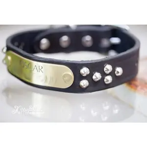 Personalized Black Leather Studded Collar