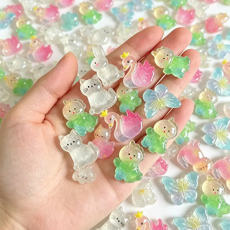 39Pcs Iridescent Gradient Glitter Mini Animal Flatback Resin Nail Charms, Mixed Cat Rabbit Swan Butterfly Clear Nail Rhinestones, Kawaii Transparent Manicure Embellishments for DIY Crafts