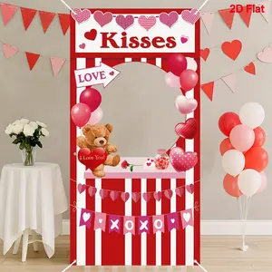 1 count 2D FLAT Red XXOO Party Photobooth Props Banners, Backdrop for Valentine'S Day and Anniversary Parties Featuring a Design with Red And White Striped Balloons And a Bear. Face Cut Hollow-Out Photo Frame Serves As Romantic Backdrop for Couples