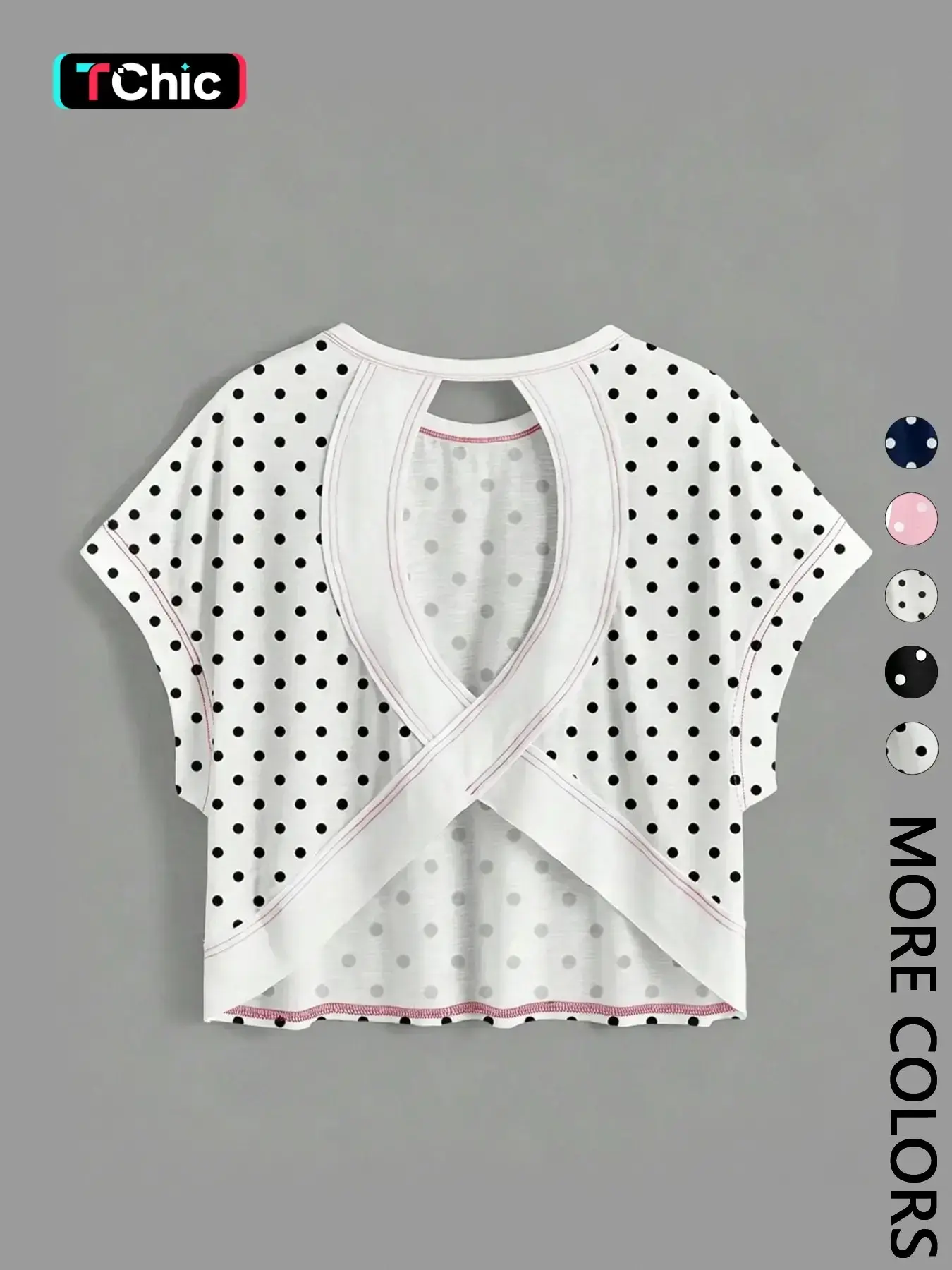 1 Women's Polka Dot Cropped T-Shirt |   Back Cut Out Batwing Sleeve Top |   Summer Beach Casual Streetwear |   Y2K Coquette Daily Casual Outfit |   Casual Stylish Tee