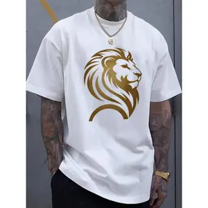 [Lion Head Graphic Tee] Oversized Men's T-Shirt |   Black & Golden Lion Head Print, Casual Streetwear, Short Sleeve, Crew Neck, Regular Fit, Summer Tee for Adults, Comfortable Fit