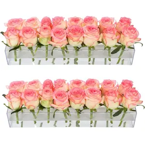 2Pack Clear Acrylic Flower Vase Rectangular, 15.7 Inches Long Floral Centerpiece Low Vases with Holes for Dinning Table, Home Decor, Wedding Decoration