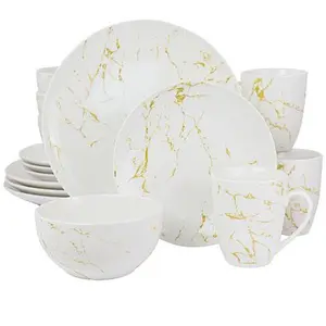 Elama Fine Marble 16-Piece Stoneware Dinnerware Set (Gold & White)