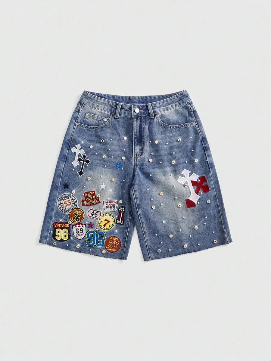 KOOZ Street Life Y2K Street Style Baddie Cross & Number Embroidery Rhinestone Decor Low Waist Loose Straight Leg Denim Shorts, Spring/Summer