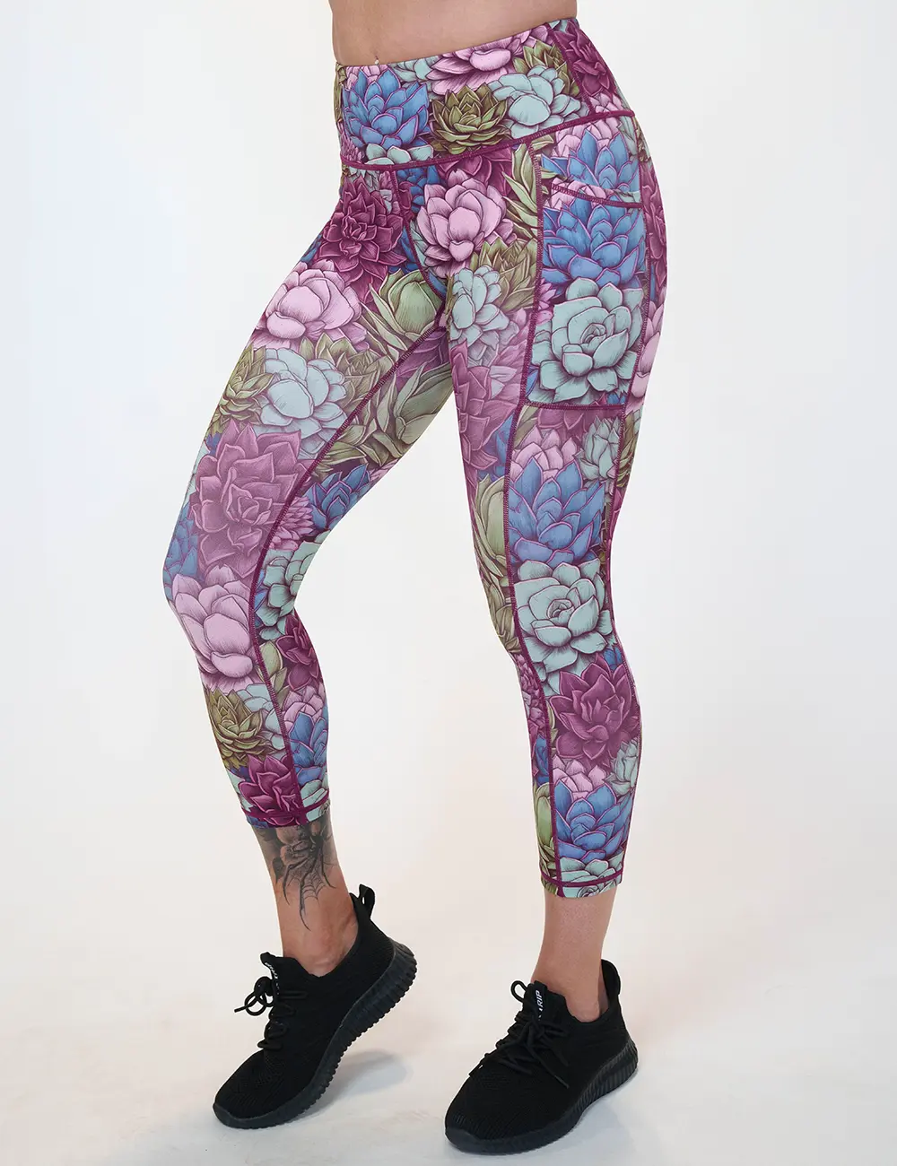 Women's High Waist Fitness Pants with Succulent Print, Squat Proof Compression Yoga Leggings with Deep Pockets for the Gym, Compression Yoga Pants, Gym Exercise Activewear, Gym Sportswear Bottoms
