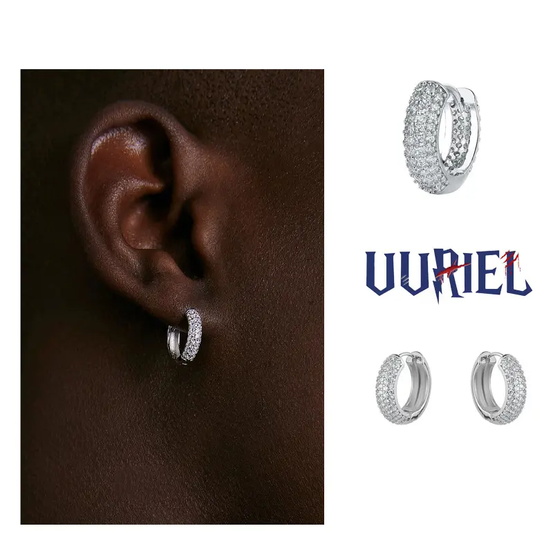 UUJ High Quality Hip-Hop Bubble Zirconia Round Earrings, Thick Flat Studs for Men, Pierced Artificial Gemstone Jewelry, High Quality Earrings, Hip-Hop Earrings