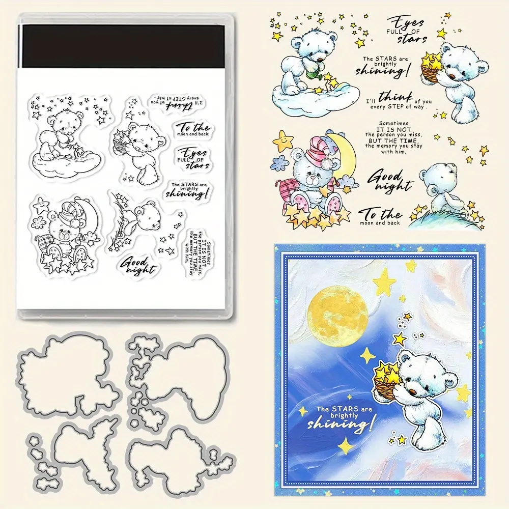 Romantic Theme Cute Bear Transparent Silicone Stamp & Carbon Steel Large Mold Set, for DIY Crafts, Scrapbook Materials, Handmade Card Decoration