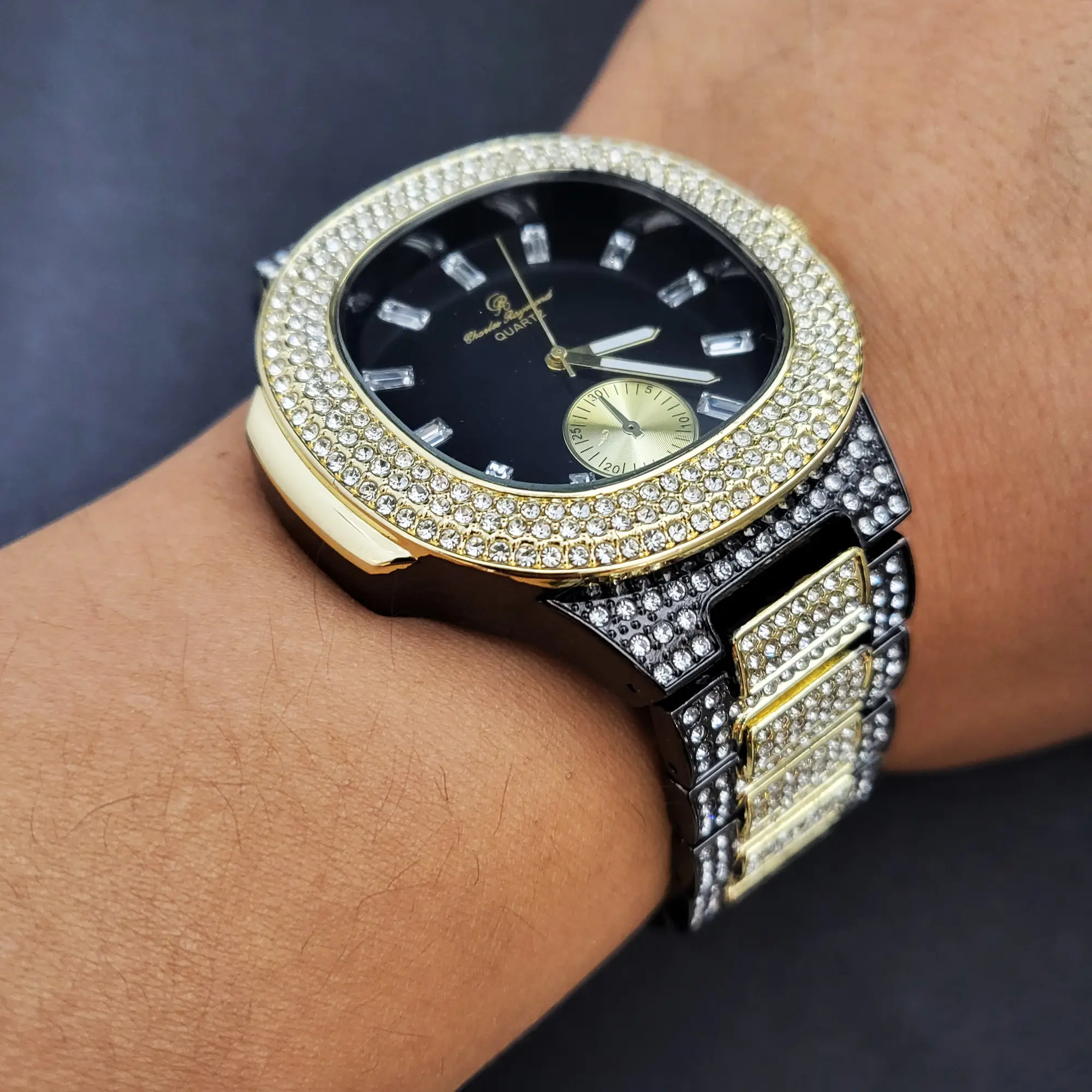 MaxBling81 Men's Modern Fashionable Wristwatch - Hip Hop Gold/Black Finished Luxury Iced Stainless Steel Band, Waterproof Analog Rhinestone Quartz Watch with Round Face and Jeweled Bezel, Metal, Iced Metal, Rhinestones, Bling Wrist Watches