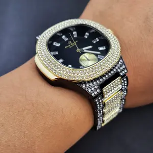 MEN'S HIP HOP GOLD / BLACK FINISHED LUXURY BLING ICED LAB DIAMOND FASHION METAL BAND WRISTWATCH WATCH