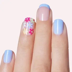 DASHING DIVA Garden Of Eden | Medium Square - Light Nude & Baby Blue with French Tips and Floral Accents