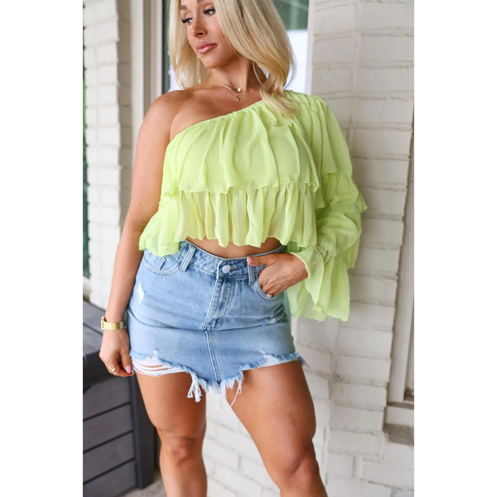 One Shoulder Tiered Sleeved Top- Light Lime