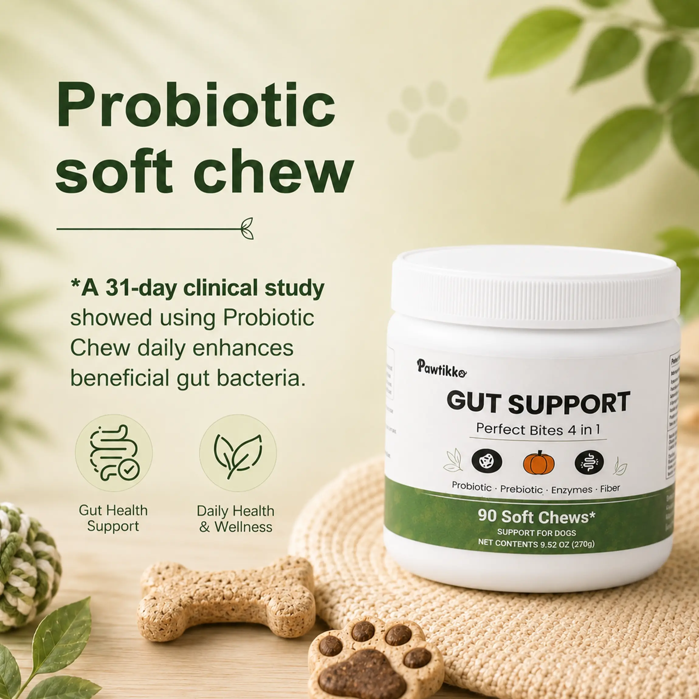 PAWTIKKO Canine Nutritional Supplement - Probiotic & Prebiotic Daily Wellness Chews for Dog Gut Health, Digestion, Immune Support, Natural Treat for All Breeds & Sizes