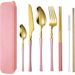 7 count Stainless Steel Flatware Set Portable  Cutlery Set Travel Utensils Set Including Chopsticks  Fork Spoon Straws Cleaning Brush Dishwasher Safe (B-Pink Golden)